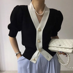Hnewly Summer Elegant Puff Short Sleeve Cardigan Office Lady 2023 Korean Contrast Single Breasted V-Neck Casual All-Match Knitted Tops
