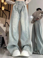 Hnewly Women Korean Pleated Jeans Girls High Waist Washed Wide Leg Pants Lady Fashion Loose Retro Blue Light Blue Denim Trousers
