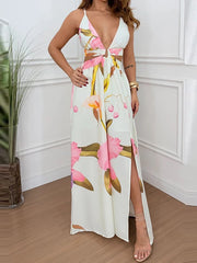 Hnewly Casual High Waisted Split Women Long Dresses Sexy V-neck Suspenders Print Beach Dress Summer Hollow Out Backless Bohemian Dress