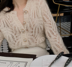 Hnewly Women Hollow Out Fluffy Vintage Button-up Temper Ladies Knitted Sweater Outwear Slouchy All-match Loose Casual Ulzzang