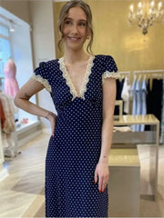 Hnewly Chic Fashion Lace Polka Dot Long Dress V-neck Sexy Women Dress Navy Blue Vintege Elegant Dresses 2025 New Woman Clothing