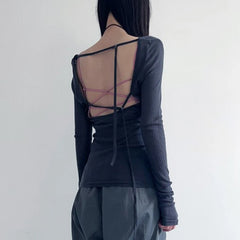 Hnewly Slim-fitting Off-shoulder Crop Top Women Casual Full Sleeve Backless T Shirts y2k Aesthetic Ladies Autumn Tees Smock Sexy