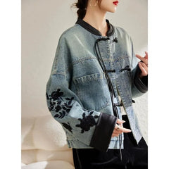 Hnewly New Chinese Style Stand Collar Denim Jackets Spring Embroidery Coat Women Y2k E-Girl Long Sleeve Loose Tops Mujer