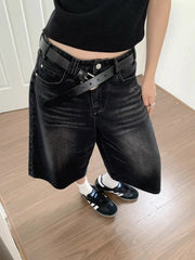 Hnewly Black Baggy Denim Shorts Women Y2k Vintage Wide Leg Jorts Washed High Waist Streetwear Casual Fashion Loose Trousers