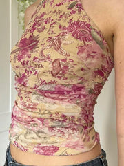 Hnewly Vintage Floral Halter Crop Top Sexy Slim Backless O-Neck Sleeveless Tank Tops Women 2024 Summer Fashion Streetwear Lady