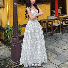 Hnewly Elegant Women Backless Party Dress Sexy Sling V Neck Mesh Long Dresses Spring Summer New Ladies White Wedding Vestidos