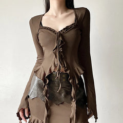 Hnewly 2025 spring fashion trend y2k Fairy Grunge Top Women Clothes Solid Color V Neck Flared Long Sleeve Ruffle Asymmetrical Hem T Shirt Streetwear