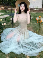 Hnewly Summer Lace Mesh Elegant Spliced Sling Dresses For Woman 2025 Sexy Zipper New Fashion Evening Party Prom Long Dress 2025 Vestido