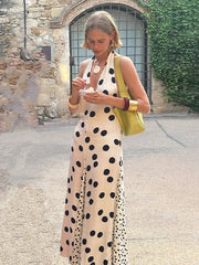 Hnewly Elegant Dot Women's Dress Halter Sleeveless Backless Lace Up Printing Dots Maxi Female Dresses Summer Vacation Lady Robe