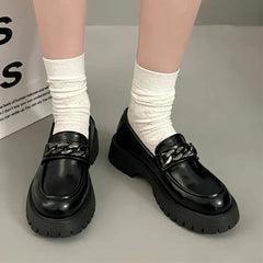 Hnewly Chunky Heel Platform Metal Chain loafers Women Pumps Black round toe small leather shoes Female Casual Retro JK Uniform shoes