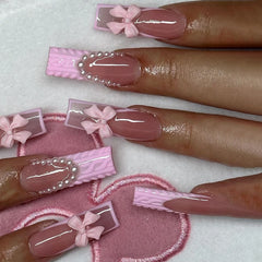 Hnewly French Pink Press on Nails with Pearl Sweet & Charming Reusable False Nails for Shopping Traveling Dating