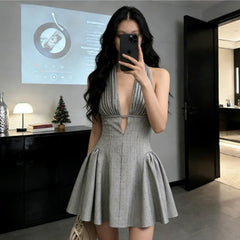 Hnewly Elegant Gentle Commute Long Sleeve Plaid Dress Spring New Waist Cinch Slimming One Shoulder Ageless a Line Skirt