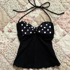 Lunivop Sweet Slim Hottie Camisole Subculture Aesthetic Halter Vest American Polka Dot Bow Patchwork Tanks Women's Retro Sexy Chic Tops