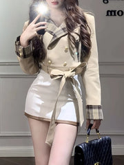 Hnewly Winter British Styleh Japanese Sweet 2 Piece Set Women Designer Belt Coat + White Mini Skirt New Design College Style Suit