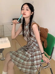 Hnewly Cute Casual Plaid Dress Women Sweet Japan Preppy Style Mini Dress Vintage Slim Female O Neck Sleeveless Kawaii Vestidos New