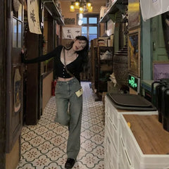 Hnewly Y2k V-neck Patchwork Lace Cardigan for Women Thin Long Sleeve Tops Mujer Spring Autumn New Slim Fit Knitted T-shirts