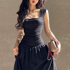 Hnewly Elegant Slip Long Dresses Sexy Women Ruched Bodycon Solid Maxi Dress Spring Y2K Summer Temperament High-waist Vestidos