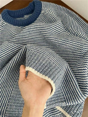 Hnewly Blue Striped Sweater for Women Y2K Autumn Winter Loose Lazy Style Patchwork Pullover Female Korean O Neck All Match Jumpers New