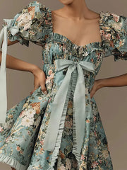 Hnewly New Plus Size Women's Lace Square Collar Mini Dress With Floral Print Lantern Short Sleeves Dress Party Elegant Evening Dresses