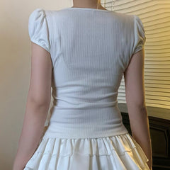 Hnewly Cute Animal Print Crop Top Bow Stitching Square Collar Short Sleeve T-shirt Women Vintage White Skinny Knitted Tee Summer