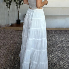 Hnewly Summer Beach Vacation Long Skirt Women Solid Color Lace Up A Line Skirts Woman Casual Patchwork Pleated Casual Skirts Mujer