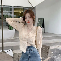 Hnewly Shirts Women Spring Design V-neck Inner Lace Tops Aesthetic Harajuku Simple Fashion Daily Tender Chemise Femme All-match Classic