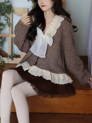 Kawaii Ruffles Knitted Cardigan Women Winter Bow Japanese Lace Warm Sweet Sweater Female Single-breasted Korean Casual Tops
