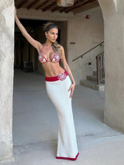 Hnewly Cutenew Appliques Embroidery Women 2 Piece Set Summer Knitted Vacation Outfits Sexy Halter Bandage Camis+Panelled Maxi Skirts