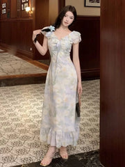 Hnewly Dresses Women Temperament Floral Printed Ruffles Patchwork Bandage V Neck Elegant Summer Fashion Female Dress Casual