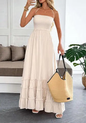 Hnewly Autumn and Winter Women's Elegant Vacation Style Strapless Neck Hanging Suspender Ruffle Stylish Long Dress 