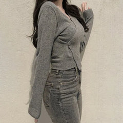 Hnewly y2k Sweaters Women Casual Solid Color V Neck Button Long Sleeve Crop Tops Cardigan Knitwear 2000s Clothing Streetwear