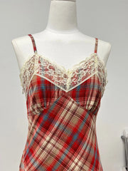 Hnewly Retro Classic Plaid Design Women Slim Suspender One-Piece New Lace Patchwork Female V-neck Ankle-Length Dress Cozy Chic