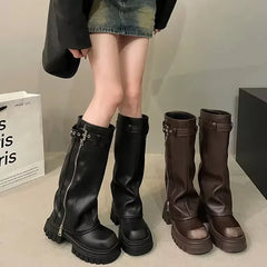 Lunivop Winter Women Biker Boots Fashion Belt Buckle Ladies Elegant Platform Long Pipe Booties Casual Women's Knee High Booties