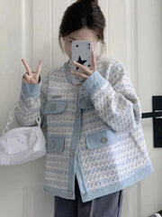 Hnewly Fall Women Sweet Tweed Jacket Vintage Casual Long Sleeve Elegant Coat French Cute O Neck Women Fall Winter Retro Tops New