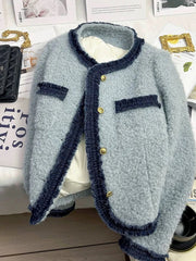 Hnewly Sweet Thick Warm Tweed Jacket Women O Neck Long Sleeve Winter Cotton Coat Elegant Fashion Patchwork Korean Chic Outwear Top
