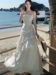 Hnewly Elegant Irregular Spaghetti Strap Womens Dresses Summer Sleeveless Ruffle Birthday Party Long Dress Slim Holiday Beach Vestidos