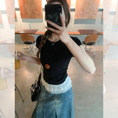 Hnewly Splicing Hem Short Sleeved T-Shirt For Women's Summer Temperament Pleated Top