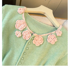 Hnewly Flower Appliques Round Neck Knit Sweater Women's Sweet Long Sleeve 2025 Early Autumn Knitwear Loose Single Breasted Design Tops