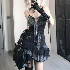 Hnewly 2025 Summer Fashion V-neck Camisole Dresses Sexy Lace Patchwork Dress for Women Y2k Grunge Slim Waist Ruched Vestidos Mujer