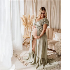 Hnewly Bohemian Maternity Photo Dress Off Shoulder Ruffled Maxi Gown Pregnancy Photoshoot Baby Shower Elegant Maternity Dress