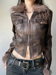 Hnewly winter club outfits Streetwear Faux Collar Women Moto Style Jackets Autumn Long Sleeve Fashion Chic Design Short Leather Coat