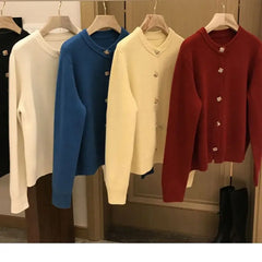Hnewly Solid O-Neck Sweater French Elegant Single Breasted Women's Spring Autumn Winter New Fashion All-match Long Sleeve Top Coat