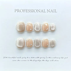 Hnewly 10Pcs Short Handmade Press on Nails Simple Glitter Cat Eye False Nails Pearl Rhinestones Decor Wearable Full Cover Nail Tips Art