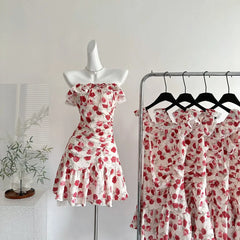 Hnewly Broken Flower Women's Dresses Flying Sleeve Dress Summer Tunic Ropa Mujer Off Shoulder Bow Vestidos Ruched Roupas Feminina