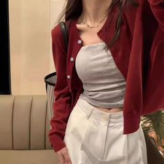 Hnewly Red Cardigan Knit Early Autumn Women Clothes New Outdoor Crop Sweater Outerwear Long Sleeve Top Bottoming Shirt