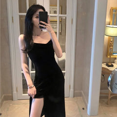 Hnewly New Vintage Women Dress Spaghetti Strap Slit Velvet Black Dress Sexy Bodycon Bandage Dress Midi Party Dress Verano Vestidos