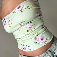 Hnewly Retro Cute Floral Print Tube Top Women Casual Kawaii Skinny Crop Tops for Summer Holiday Vintage 2000s Tee Aesthetic Lady