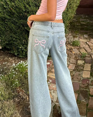 Hnewly Europe and the United States casual comfortable simple style bow embroidery fashion straight leg retro blue jeans ins