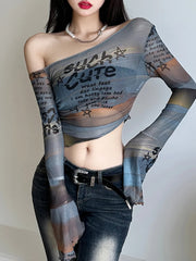 Hnewly Asymmetry Mesh T Shirts for Women Sexy See Through Long Sleeve Print Crop Tops y2k Grunge Print Shirts Vintage Coquette