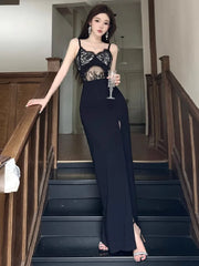 Hnewly Woman Dress Sleeveless Hollow Out Sexy Elegant Slim Split Lace Patchwork V Neck Backless Party Dresses Female Fashion